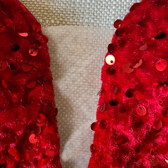 Womens Bright Red Velour Sequins Deep V-Neck Long Party Formal Gown- Sz-M - Picture 6 of 16